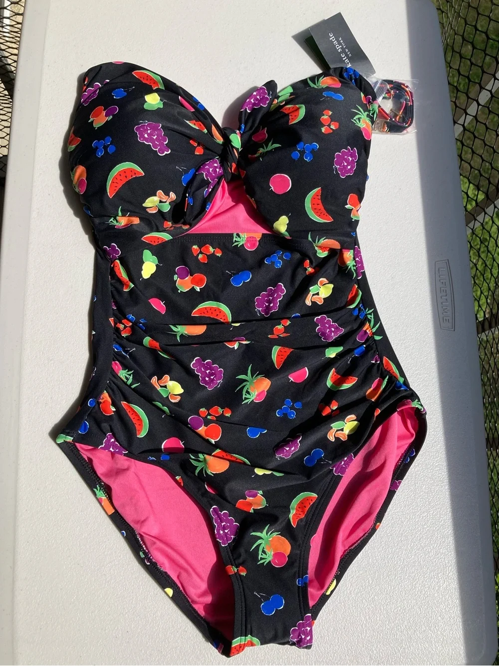 Kate Spade Black One Piece Swimsuit Colorful Fruit Print Bathing Suit NEW